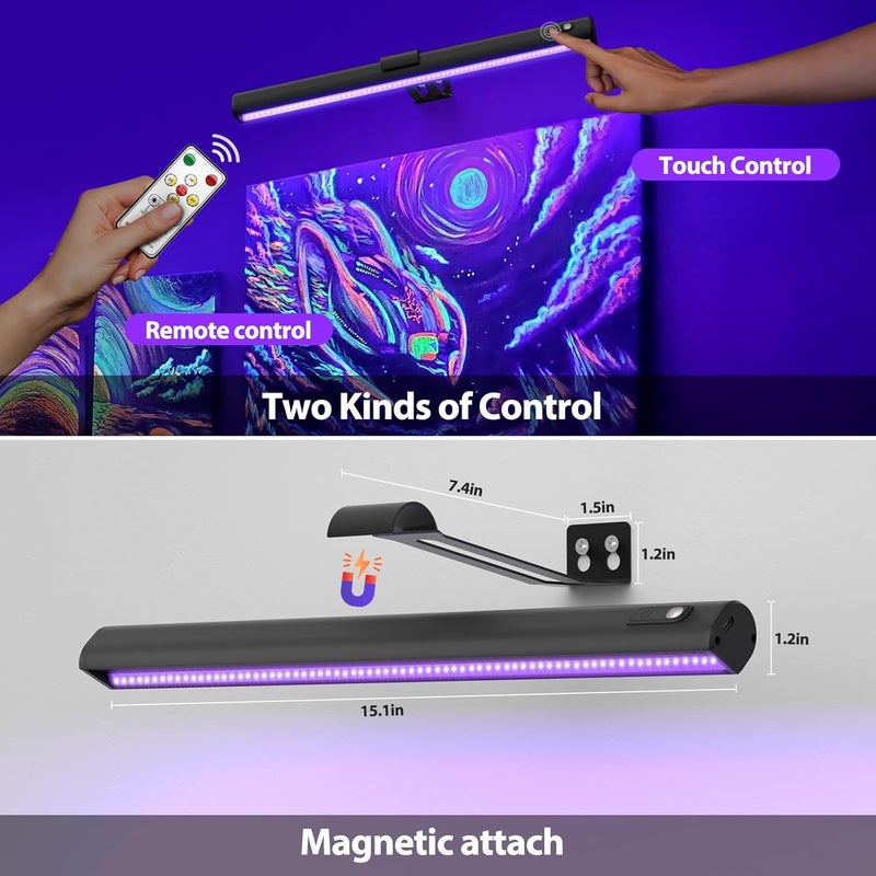 Onforu Black Light for Blacklight Tapestry,15'' Rechargeable Blacklight Picture Light with Remote, 4000mAh Black Light Bar for Fluorescent Poster, Glow in The Dark Party, Bedroom Decor, Party, 2 Pack - Image 4